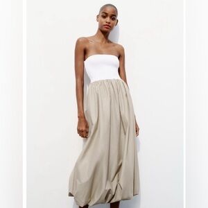 Zara Strapless White and Beige Balloon Skirt Dress